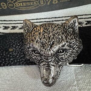 Diesel Black Leather Belt with Silver Wolf Buckle